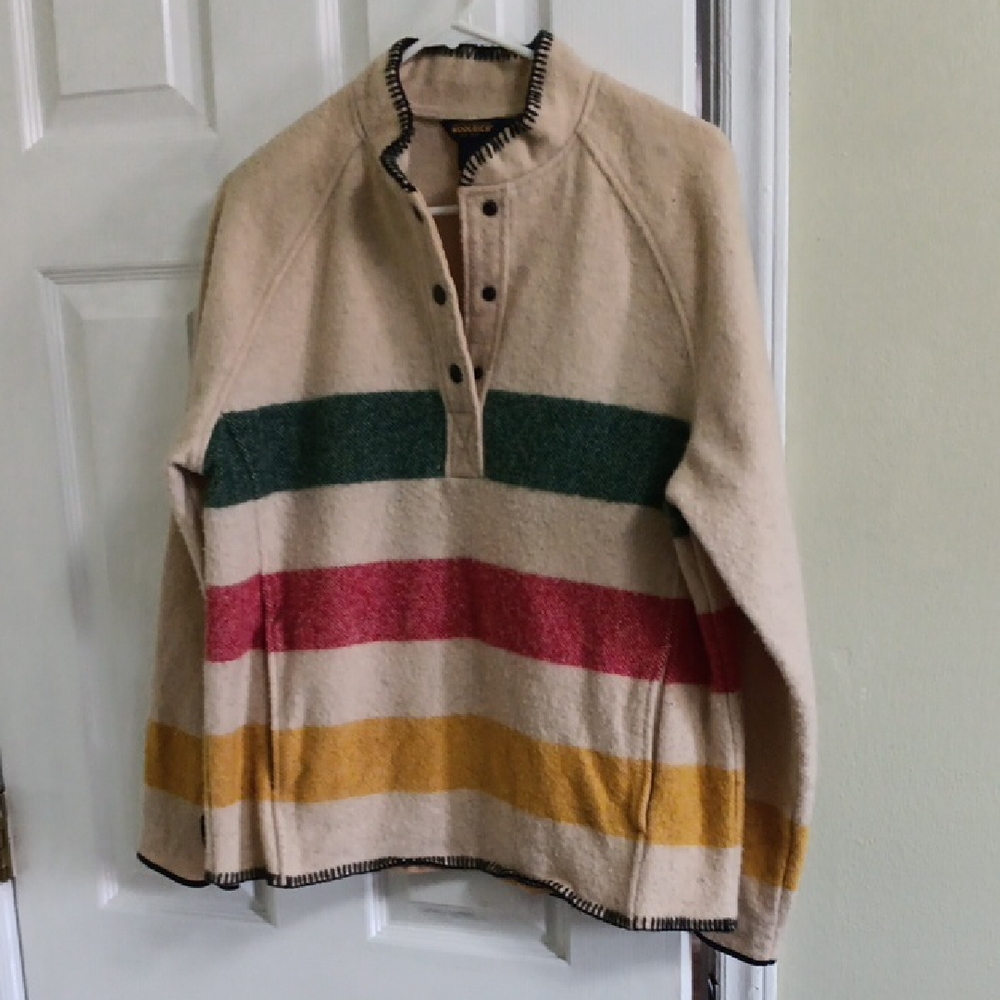 Woolrich Beige Sweater Coat with Green, Red, and Yellow Stripes